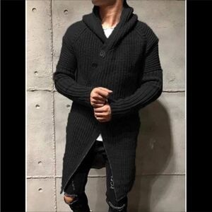 New Mens Cardigan Sweater Hood Button Closure Long Sleeve Knit Slim Fit